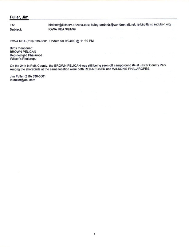 Six emails of Iowa RBA updates for September 20-24, 1999. Highlights of the updates include sightings of a Sharp-tailed Sandpiper, Brown Pelican, a Yellow-crowned Night Heron, a Black-crowned night Heron, and a Marbled Godwit.