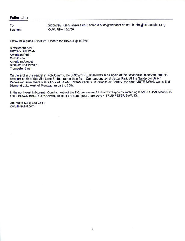 Six emails of Iowa RBA updates for September 27 to October 2, 1999. Highlights of the updates include sightings of a Brown Pelican, an Ibis species, and a Black-throated Blue Warbler.