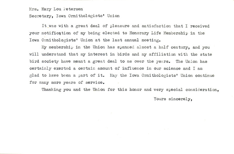 Undated letter from Oscar Allert to Mary Lou Petersen. Allert thanks Petersen and the Iowa Ornithologists' Union for granting him honorary membership during the Union's most recent annual meeting.