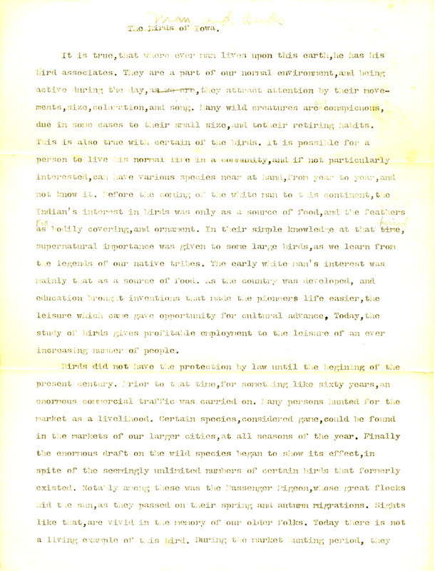 Lecture notes. Presentation by Oscar Allert read before the Monona Garden Club, Monona, Iowa, on February 20, 1934. Allert talks about birds and the need for their conservation.