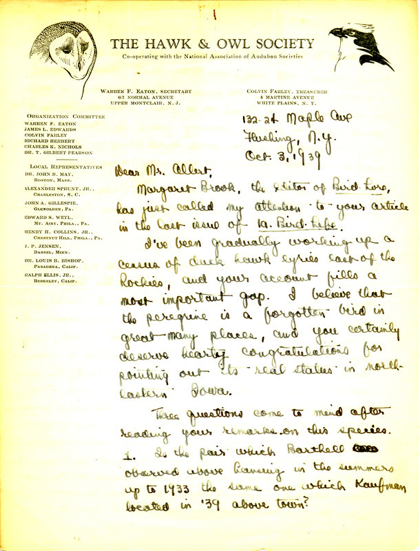 Letter from Joseph Hickey to Oscar Allert dated October 3, 1939. Hickey asks for more information on Peregrine Falcons in eastern Iowa after reading Allert's article "Notes on Certain Raptores in Allamakee, Clayton and Dubuque Counties, Iowa," published in Iowa Bird Life, vol. 9, no. 3.