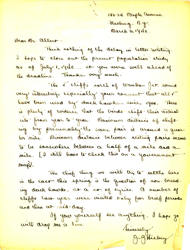 Letter from Joseph Hickey to Oscar Allert dated March 6, 1940. Hickey thanks Allert for responding to his request for information regarding Peregrine Falcon sightings.