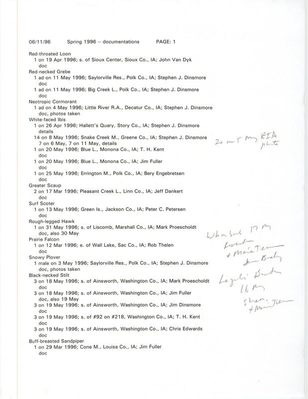 A list of documented bird sightings organized by species, June 11, 1996. The list also contains the number of birds seen, date of sighting, location, and observer of each species. This item was used as supporting documentation for the Iowa Ornithologists' Union Quarterly field report of spring 1996.