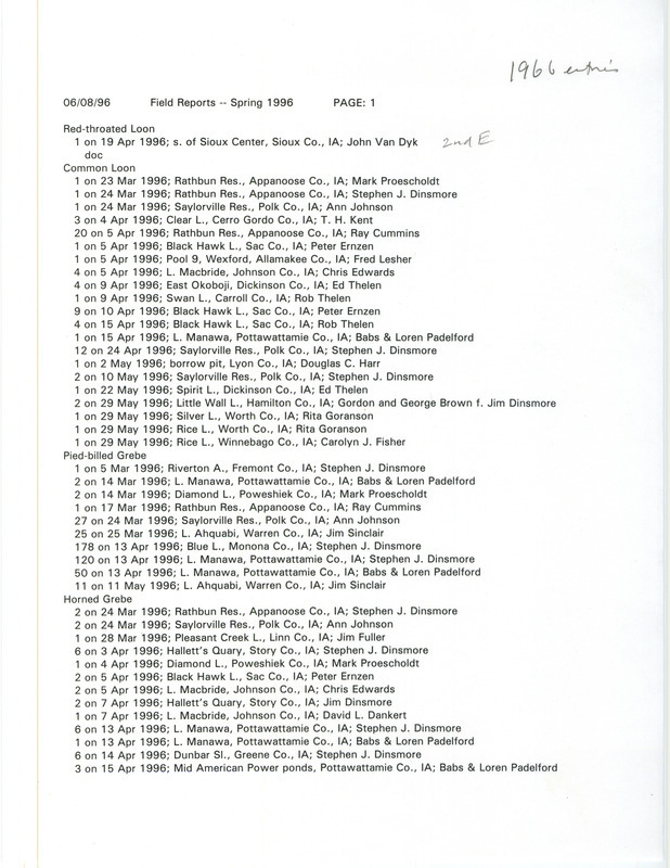 A list of bird sightings organized by species, June 8, 1996. The list also contains the number of birds seen, date of sighting, location, and observer of each species. This item was used as supporting documentation for the Iowa Ornithologists' Union Quarterly field report of spring 1996.