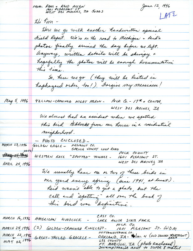 Letter from Pam Allen and Reid I. Allen to Thomas H. Kent regarding spring bird sightings, June 12, 1996. This item was used as supporting documentation for the Iowa Ornithologists' Union Quarterly field report of spring 1996.