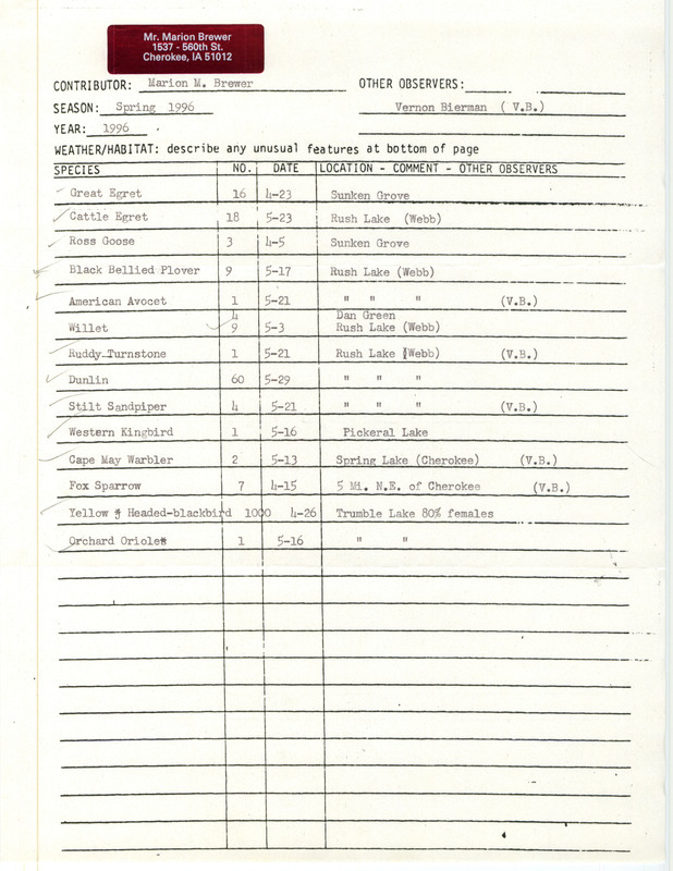 Spring report of birds found in northwest Iowa contributed by Marion M. Brewer. This item was used as supporting documentation for the Iowa Ornithologists' Union Quarterly field report of spring 1996.