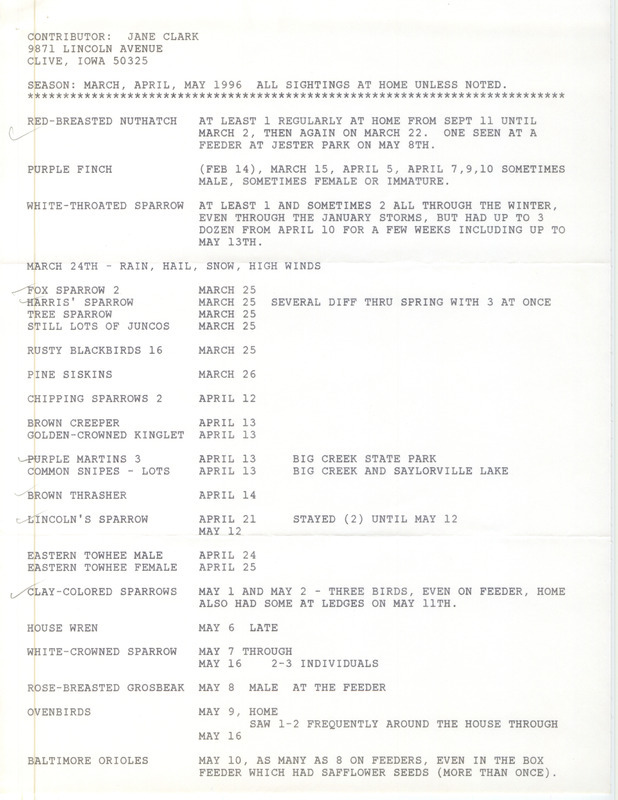 Spring report of birds and locations contributed by Jane Clark. This item was used as supporting documentation for the Iowa Ornithologists' Union Quarterly field report of spring 1996.