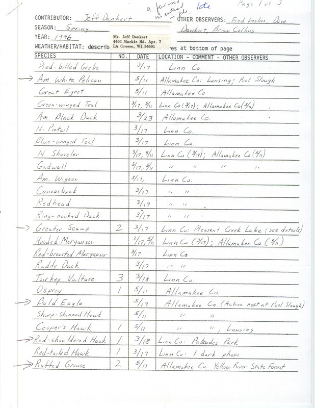 Spring report of birds and locations contributed by Jeffrey B. Dankert. Also included is a note from Dankert suggesting the Iowa Ornithologists' Union develop a reporting form that includes the entire list of birds. This item was used as supporting documentation for the Iowa Ornithologists' Union Quarterly field report of spring 1996.