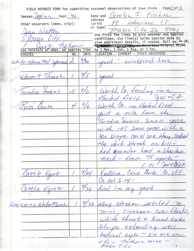 Spring report of birds found in northern Iowa contributed by Carolyn J. Fischer. This item was used as supporting documentation for the Iowa Ornithologists' Union Quarterly field report of spring 1996.