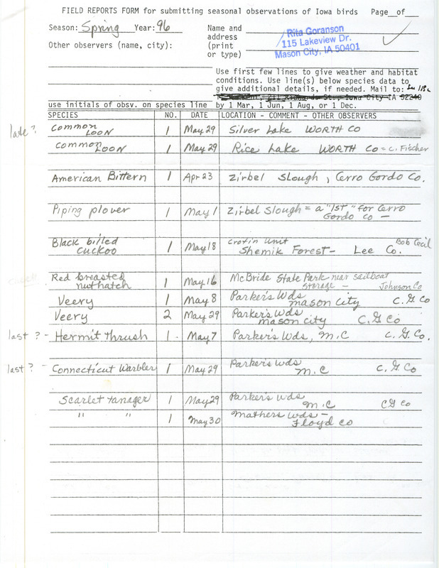 Spring report of birds and locations contributed by Rita Goranson. This item was used as supporting documentation for the Iowa Ornithologists' Union Quarterly field report of spring 1996.