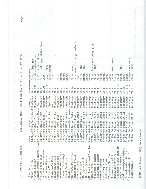 Spring report of birds found in northwest Iowa contributed by Bill F. Huser. This item was used as supporting documentation for the Iowa Ornithologists' Union Quarterly field report of spring 1996.