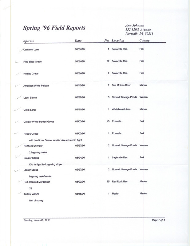 Spring report of birds and locations contributed by Ann Johnson. This item was used as supporting documentation for the Iowa Ornithologists' Union Quarterly field report of spring 1996.