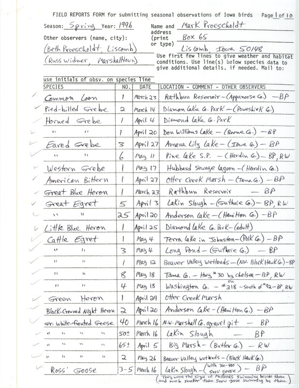 Spring report of birds and locations contributed by Mark Proescholdt. This item was used as supporting documentation for the Iowa Ornithologists' Union Quarterly field report of spring 1996.