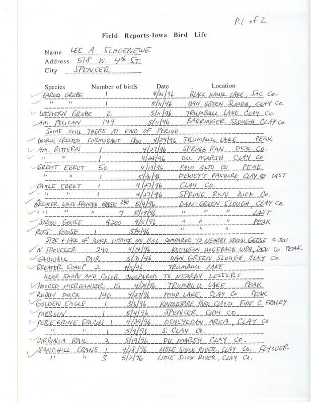 Spring report of birds found in northwest Iowa contributed by Lee A. Schoenewe. This item was used as supporting documentation for the Iowa Ornithologists' Union Quarterly field report of spring 1996.