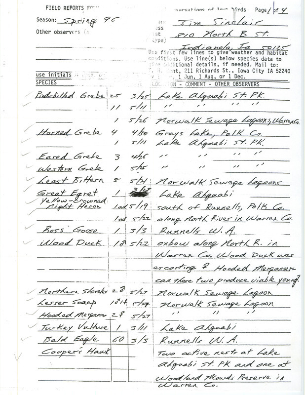 Spring report of birds and locations contributed by Jim Sinclair. This item was used as supporting documentation for the Iowa Ornithologists' Union Quarterly field report of spring 1996.