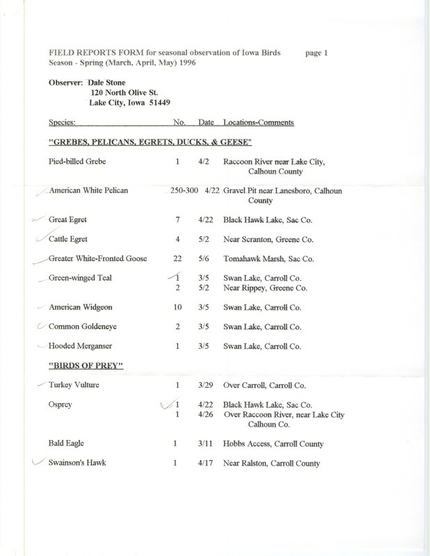 Spring report of birds and locations contributed by Dale Stone. This item was used as supporting documentation for the Iowa Ornithologists' Union Quarterly field report of spring 1996.