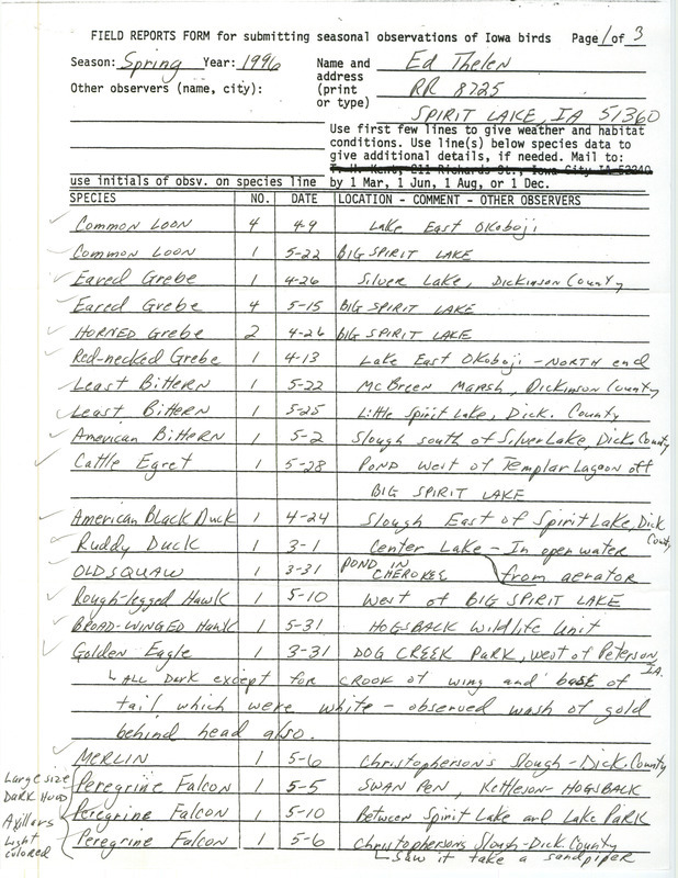 Spring report of birds and locations contributed by Ed Thelen. This item was used as supporting documentation for the Iowa Ornithologists' Union Quarterly field report of spring 1996.