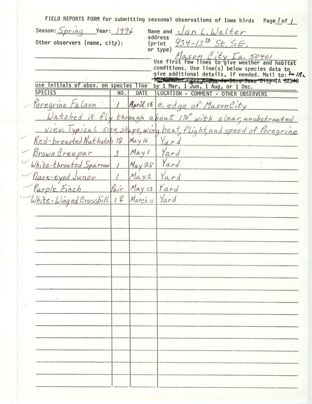 Spring report of birds found in Mason City contributed by Jan L. Walter. This item was used as supporting documentation for the Iowa Ornithologists' Union Quarterly field report of spring 1996.