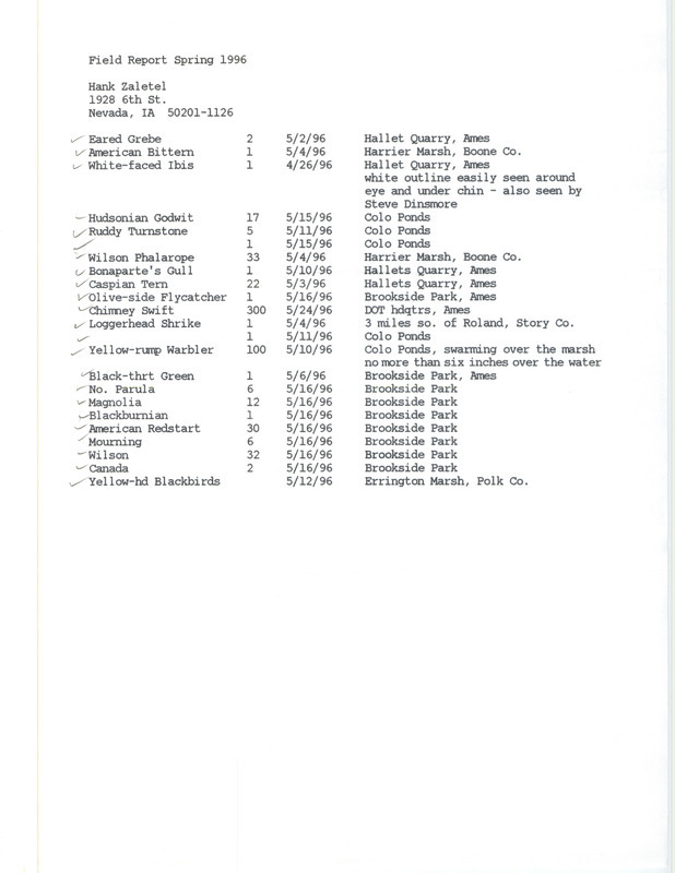 Spring report of birds found in central Iowa contributed by Hank Zaletel. This item was used as supporting documentation for the Iowa Ornithologists' Union Quarterly field report of spring 1996.