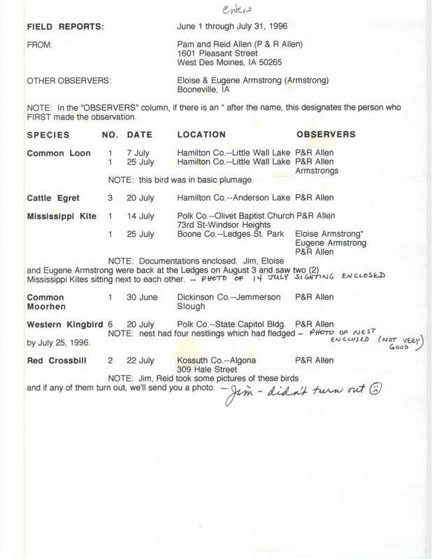 List of birds and locations contributed by Pam Allen and Reid I. Allen with observers Eloise Armstrong and Eugene Armstrong. This item was used as supporting documentation for the Iowa Ornithologists' Union Quarterly field report of summer 1996.