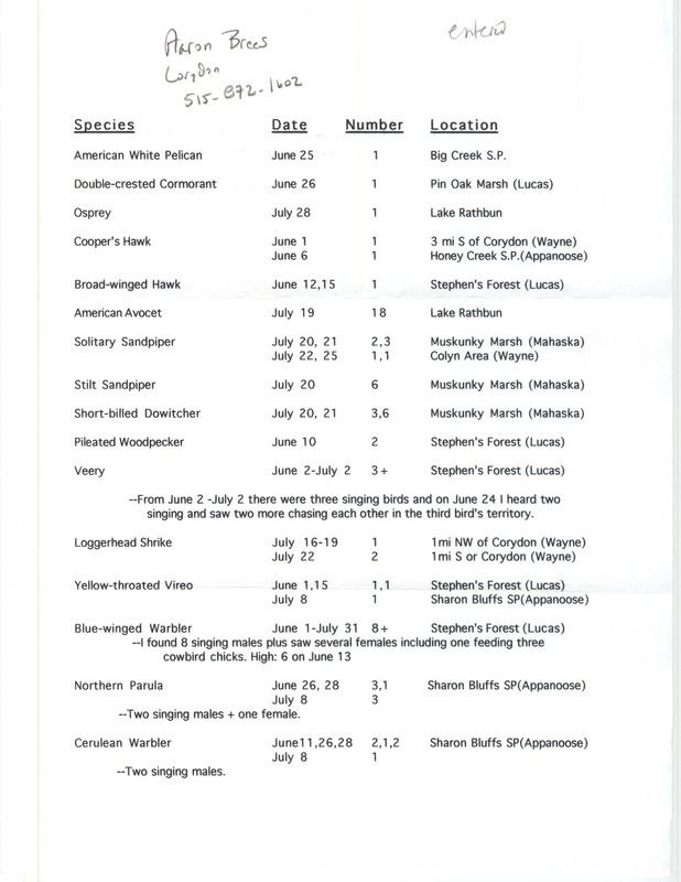 List of birds and locations contributed by Aaron Brees. This item was used as supporting documentation for the Iowa Ornithologists' Union Quarterly field report of summer 1996.