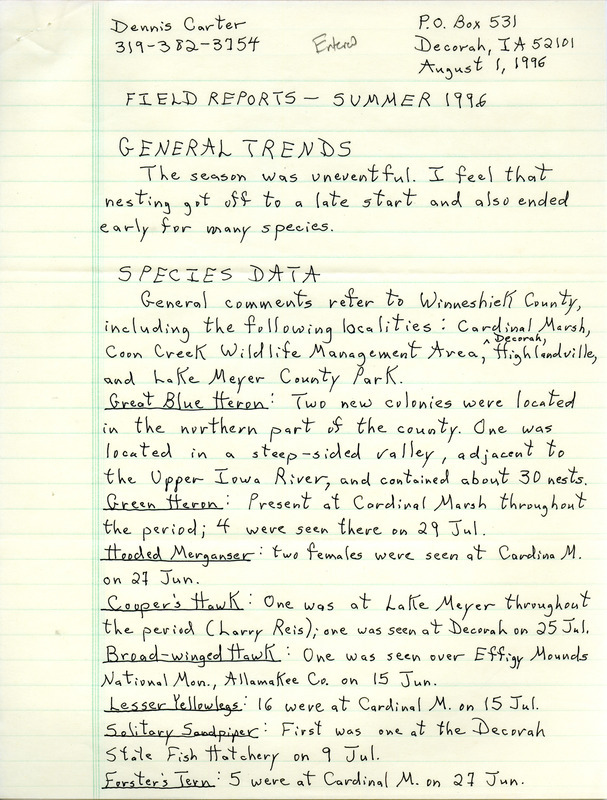 List of birds and locations contributed by Dennis L. Carter. This item was used as supporting documentation for the Iowa Ornithologists' Union Quarterly field report of summer 1996.