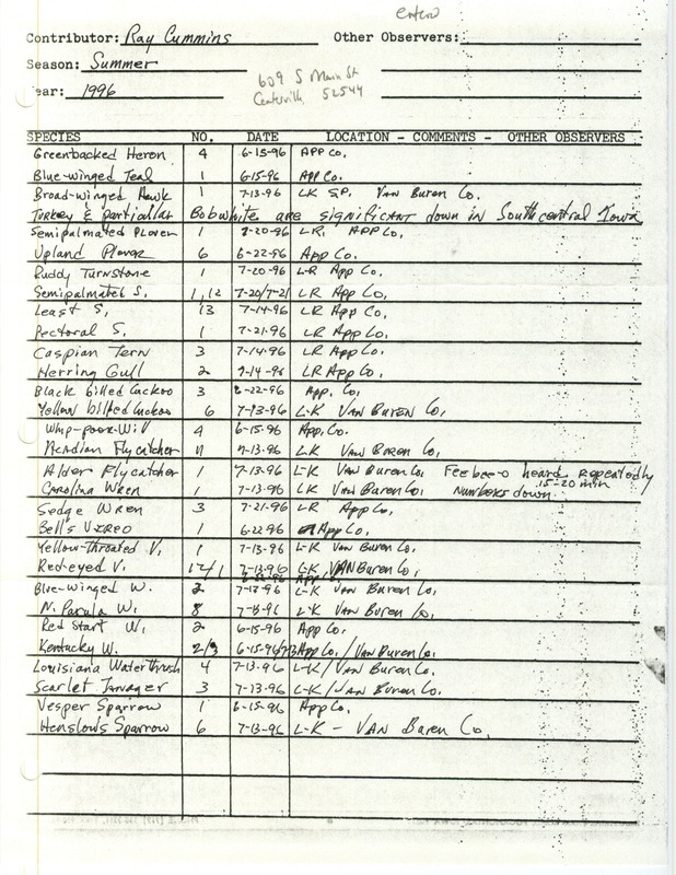 List of birds and locations contributed by Raymond L. Cummins. This item was used as supporting documentation for the Iowa Ornithologists' Union Quarterly field report of summer 1996.