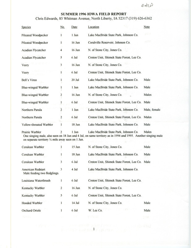 List of birds and locations contributed by Chris Edwards. This item was used as supporting documentation for the Iowa Ornithologists' Union Quarterly field report of summer 1996.