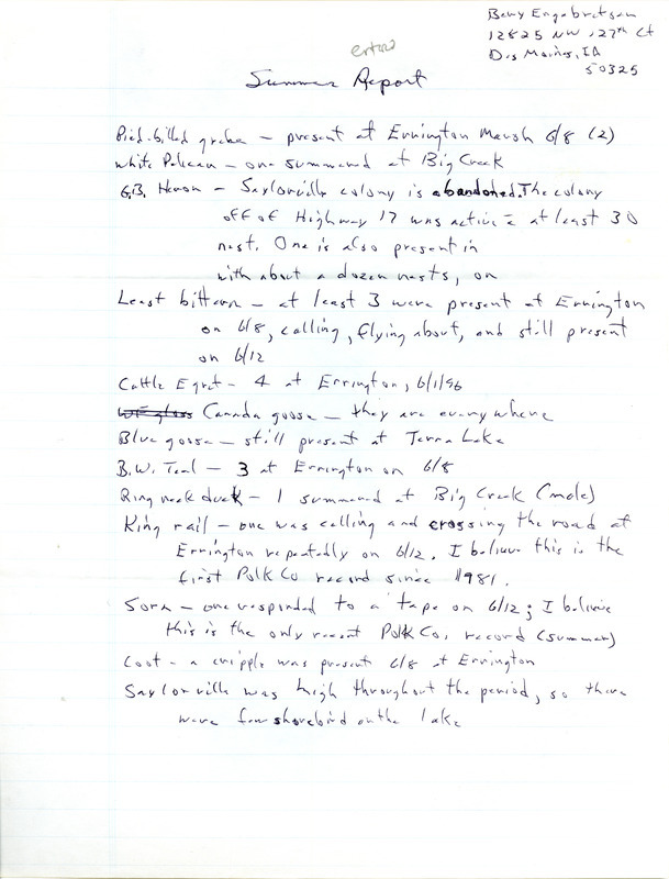 List of birds and locations contributed by Bery Engebretsen. This item was used as supporting documentation for the Iowa Ornithologists' Union Quarterly field report of summer 1996.