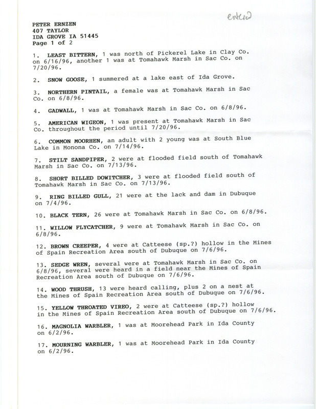 List of birds and locations contributed by Peter Ernzen. This item was used as supporting documentation for the Iowa Ornithologists' Union Quarterly field report of summer 1996.