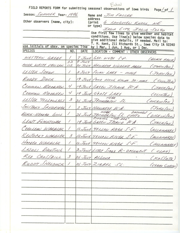 List of birds and locations contributed by James L. Fuller. This item was used as supporting documentation for the Iowa Ornithologists' Union Quarterly field report of summer 1996.