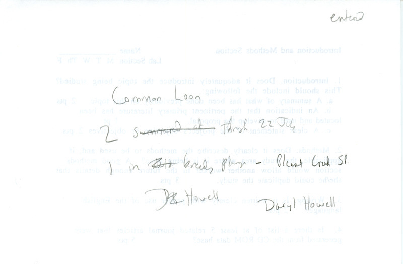 Field notes contributed by Daryl Howell regarding the sighting of two Common Loons near Pleasant Creek State Park. This item was used as supporting documentation for the Iowa Ornithologists' Union Quarterly field report of summer 1996.