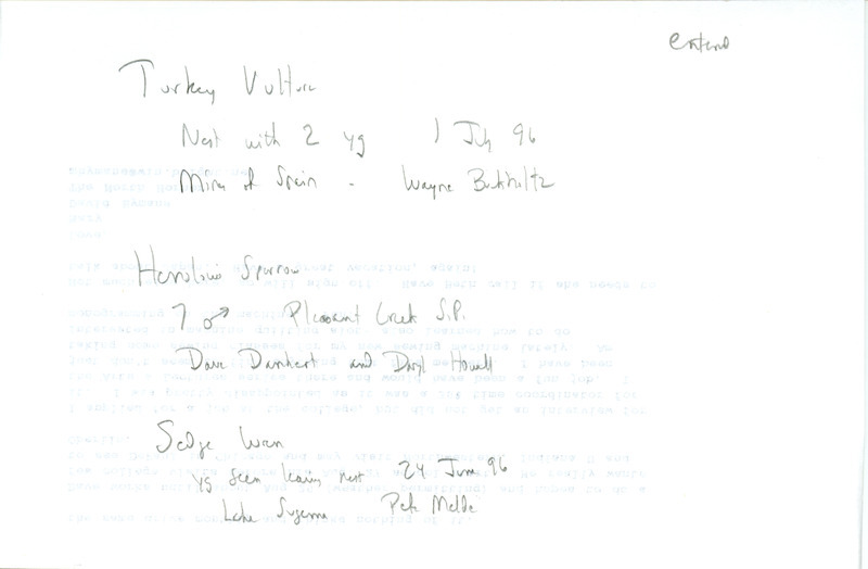 Birds and locations contributed by Wayne Buckholtz, David L. Dankert, Daryl Howell and Peter B. Melde. This item was used as supporting documentation for the Iowa Ornithologists' Union Quarterly field report of summer 1996.