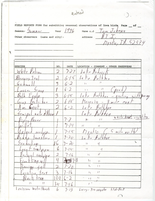 List of birds and locations contributed by Tom Johnson. This item was used as supporting documentation for the Iowa Ornithologists' Union Quarterly field report of summer 1996.