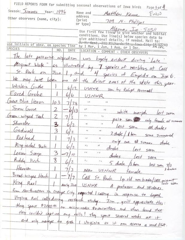 List of birds and locations contributed by Matthew Kenne. This item was used as supporting documentation for the Iowa Ornithologists' Union Quarterly field report of summer 1996.