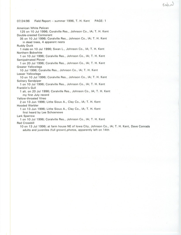 List of birds and locations contributed by Thomas H. Kent with observer David J. Conrads. This item was used as supporting documentation for the Iowa Ornithologists' Union Quarterly field report of summer 1996.