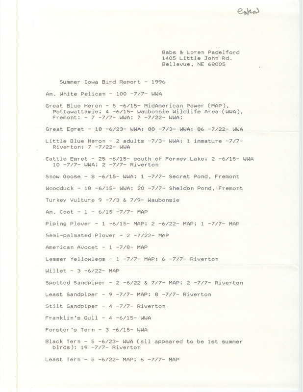 List of birds and locations contributed by Babs Padelford and Loren Padelford. This item was used as supporting documentation for the Iowa Ornithologists' Union Quarterly field report of summer 1996.