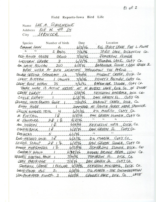 List of birds and locations contributed by Lee A. Schoenewe. This item was used as supporting documentation for the Iowa Ornithologists' Union Quarterly field report of summer 1996.