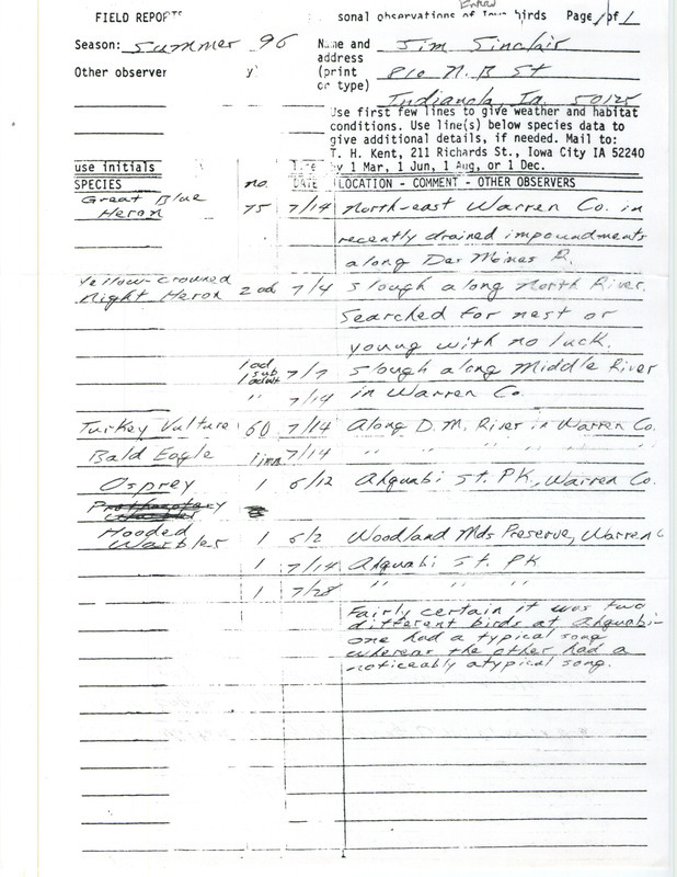 List of birds and locations contributed by Jim Sinclair. This item was used as supporting documentation for the Iowa Ornithologists' Union Quarterly field report of summer 1996.