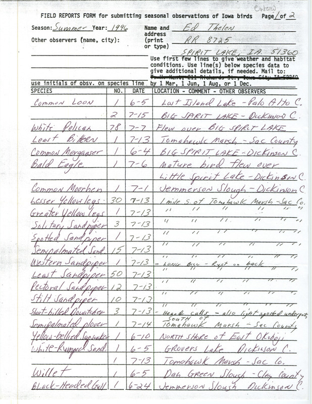 List of birds and locations contributed by Ed Thelen. This item was used as supporting documentation for the Iowa Ornithologists' Union Quarterly field report of summer 1996.