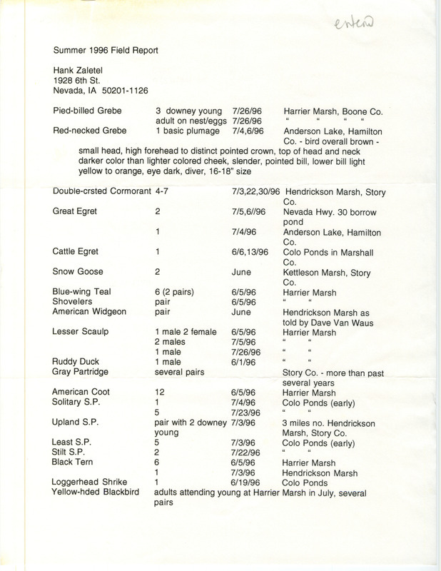 List of birds and locations contributed by Hank Zaletel. This item was used as supporting documentation for the Iowa Ornithologists' Union Quarterly field report of summer 1996.