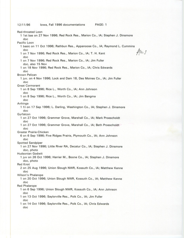 A list of documented bird sightings organized by species, December 11, 1996. The list also contains the number of birds seen, date of sighting, location, and observer of each species. This item was used as supporting documentation for the Iowa Ornithologists' Union Quarterly field report of fall 1996.