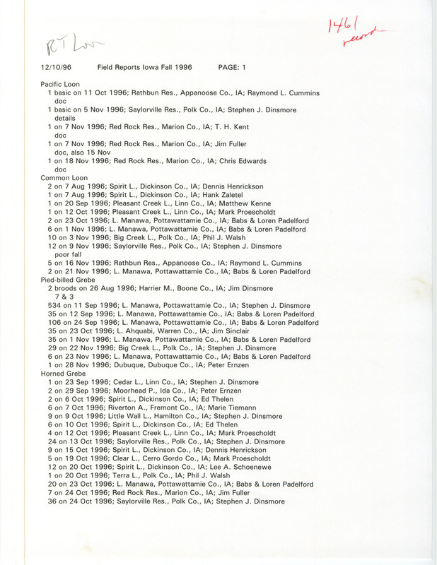 A list of bird sightings organized by species, December 10, 1996. The list also contains the number of birds seen, date of sighting, location, and observer of each species. This item was used as supporting documentation for the Iowa Ornithologists' Union Quarterly field report of fall 1996.