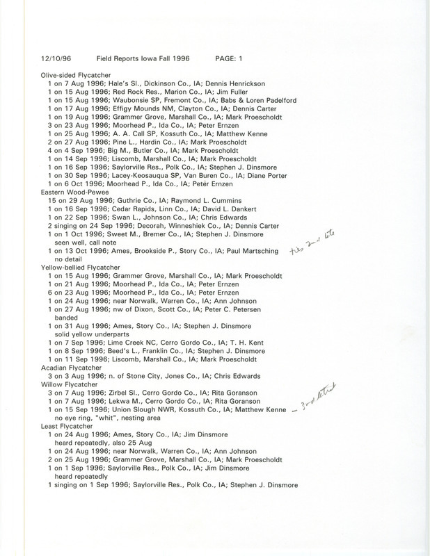 A list of bird sightings organized by species, December 10, 1996. The list also contains the number of birds seen, date of sighting, location, and observer of each species. This item was used as supporting documentation for the Iowa Ornithologists' Union Quarterly field report of fall 1996.