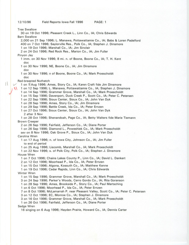 A list of bird sightings organized by species, December 10, 1996. The list also contains the number of birds seen, date of sighting, location, and observer of each species. This item was used as supporting documentation for the Iowa Ornithologists' Union Quarterly field report of fall 1996.