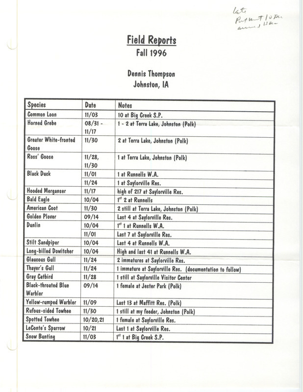 List of birds and locations contributed by Dennis Thompson. This item was used as supporting documentation for the Iowa Ornithologists' Union Quarterly field report of fall 1996.