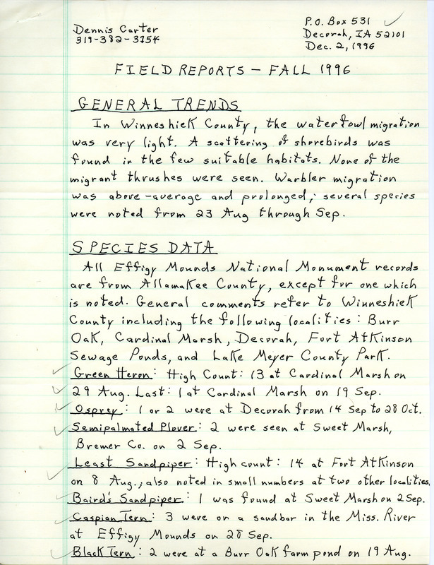 List of birds and locations contributed by Dennis L. Carter. This item was used as supporting documentation for the Iowa Ornithologists' Union Quarterly field report of fall 1996.