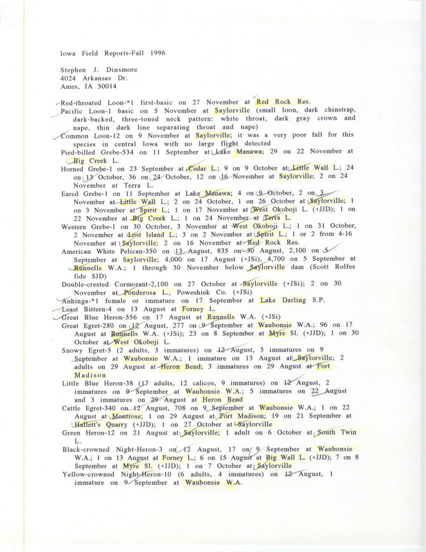 List of birds and locations contributed by Stephen J. Dinsmore with observers Robert I. Cecil, Raymond L. Cummins, James J. Dinsmore, Francis L. Moore and others. This item was used as supporting documentation for the Iowa Ornithologists' Union Quarterly field report of fall 1996.