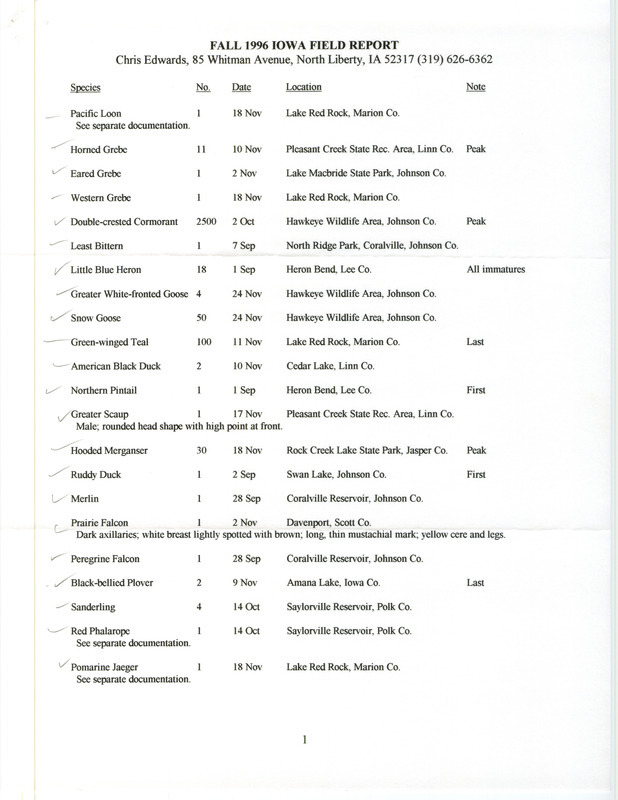 List of birds and locations contributed by Chris Edwards. This item was used as supporting documentation for the Iowa Ornithologists' Union Quarterly field report of fall 1996.