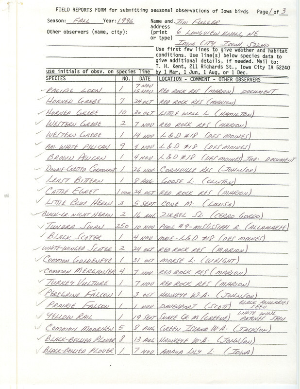 List of birds and locations contributed by James L. Fuller. This item was used as supporting documentation for the Iowa Ornithologists' Union Quarterly field report of fall 1996.